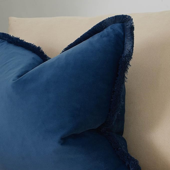JUSPURBET Navy Decorative Velvet Fringe Throw Pillow Covers 26x26 Set of 2 Boho Soft Cushion Case for Home Decor Living Room Couch Sofa Bed