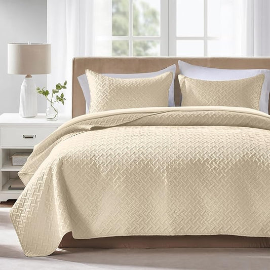 FLYMME Beige King Quilt Bedspreads,Modern Style Geometric Weave Stripe Pattern, 3 Pieces Lightweight Bedding Sets, Microfiber Quilted Comforter Coverlet for All Season (1 Quilt, 2 Shams)