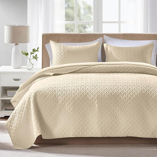 FLYMME Beige Twin Quilt Bedding Set Thin Lightweight Bedspreads,Modern Style Geometric Weave Stripe Pattern,Soft Microfiber Bed Coverlet for All Season (1 Quilt, 1 Sham)