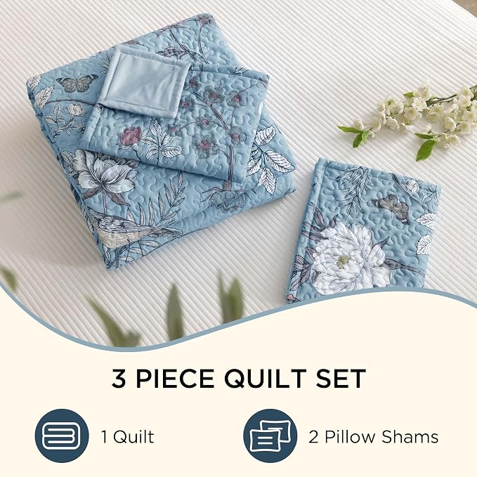 Litanika Floral Light Blue Quilt Queen - 3Pcs Botanical Birds Bedding Set | Bedspread Summer Lightweight Soft Coverlet with White Flower for All Seasons (96"x90")