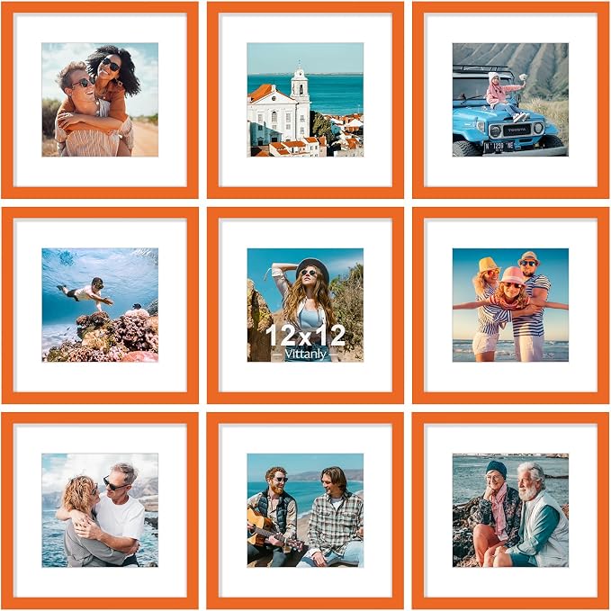 Vittanly 12x12 Picture Frames Set of 9 for Wall Mounting, Orange | Display Pictures 8x8 with Mat or 12x12 without Mat for Wall Mounting, Square Photo Frames for Home Decor, Engineered Wood