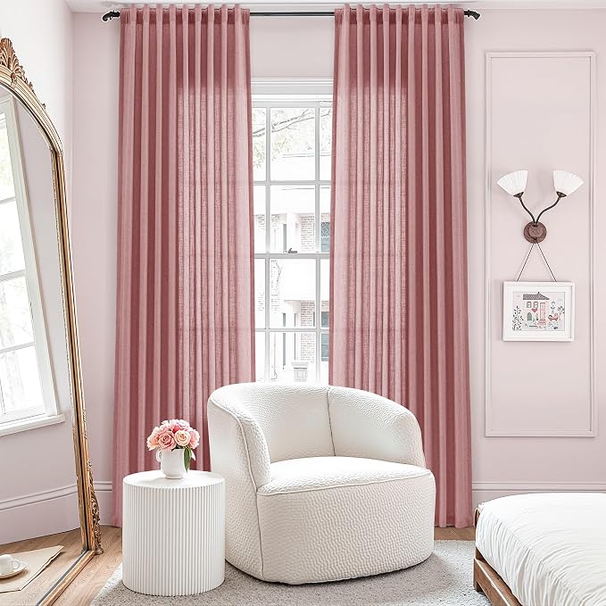Extra Long Linen Curtains 108 Inches for Living Room Back Tab Semi Sheer High Floor to Ceiling 9ft Light Filtering Curtain Boho Farmhouse Decor Window Drapes for Bedroom 2 Panels Canyon Rose