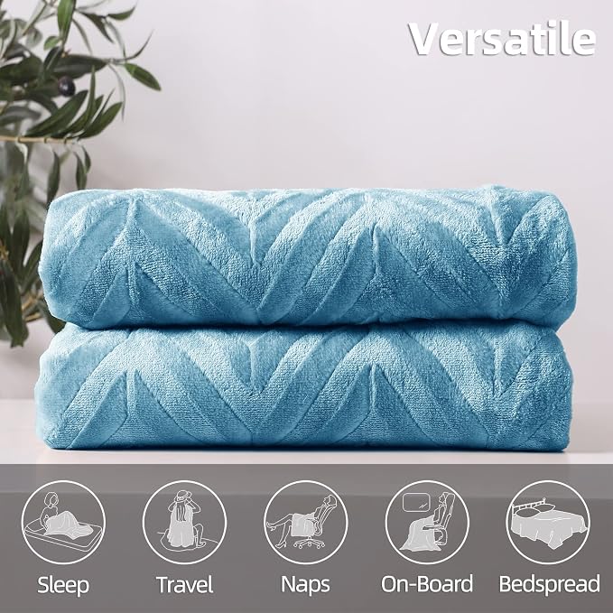 Whale Flotilla Flannel Fleece Bed Blanket Queen Size, Stone Blue | Lightweight Breathable Soft Bedspread, Plush Fluffy Coverlet Chevron Design Decorative Blanket for All Season, 90x90 Inch