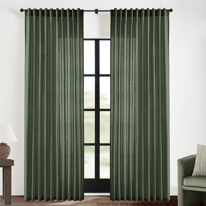 XTMYI Living Room Drapes 70 Inch Wide by 84 Long for 72 in Width Window, Back Tab Hooks Pleated Linen Cotton Extra Wide Boho Semi Sheer Curtains for Bedroom Set 2 Panels,70x84 Inch Length,Olive Green