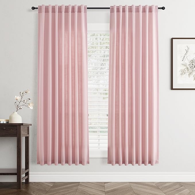 Jowels Pink Linen Curtains 72 Inch Long 2 Panels for Living Room | Light Filtering Semi Sheer Curtain, Back Tab Pocket Pleated Look, Boho Farmhouse Textured Privacy Drapes for Bedroom Window