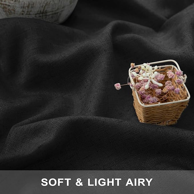 Modern Black Linen Curtains 96 Inches Long for Bedroom 2 Panels Set Back Tab Pocket Boho Drape Semi Sheer Lace Cotton Trendy Elegant Curtain for Living Room Bay Window Mid Century Halloween Decor 8 FT