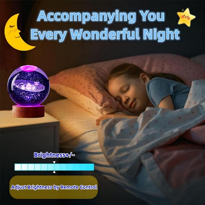 3D Solar System Crystal Ball Lamp, Upgraded 3.15 Inch Galaxy Crystal Ball Night Light with 16 Colors LED Wooden Base, Remote Control, Gift Box Packaging, Home Decor Gift for Friends (solar system)