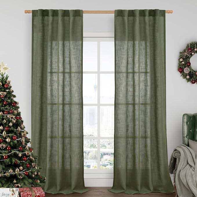 Olive Green Linen Curtains 84 inch Length 2 Panels Semi Sheer | Light Filtering, Christmas Drapes for Bedroom, Living Room, Window Treatment, Rod Pocket Back Tab, 34 x 84 Inch