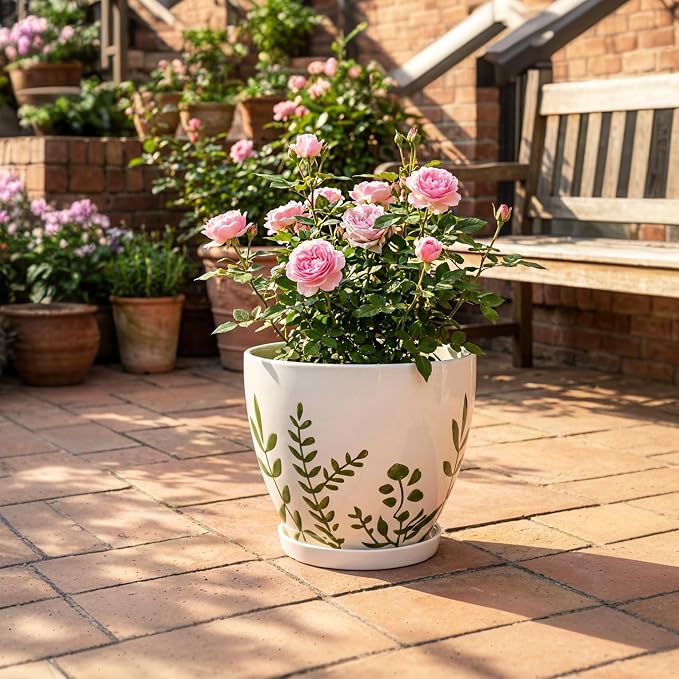 MPotTo 10 Inch Plant Pot - Ceramic Planter for Indoor Outdoor Flowers, Decorative Round Indoor Flower Pot with Drainage Hole and Saucer, Plant Lover Gifts, Garden Patio Home Office Decor, White