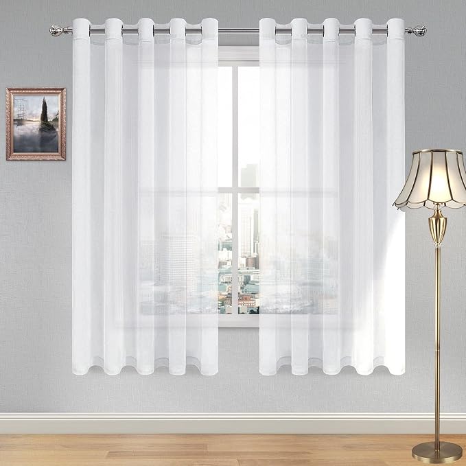 DWCN White Sheer Curtains, Grommet Top Faux Linen Look Voile Semi Transparent Solid Window Sheer Curtains Drapes for Bedroom Living Room, Set of 2 Panels 60 x 72 Inch Long, White