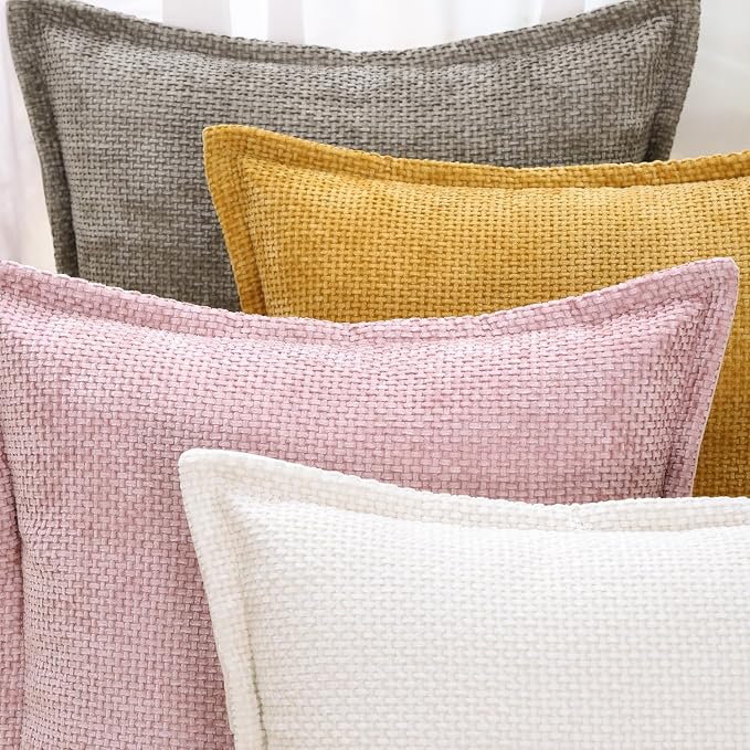 MADIZZ Decorative Chenille Velvet Throw Pillow Covers Set of 2 Soft Boho Textured Neutral Couch Throw Pillow for Bed Modern Farmhouse Home Decor for Sofa Livingroom Pink 20x20 Inch