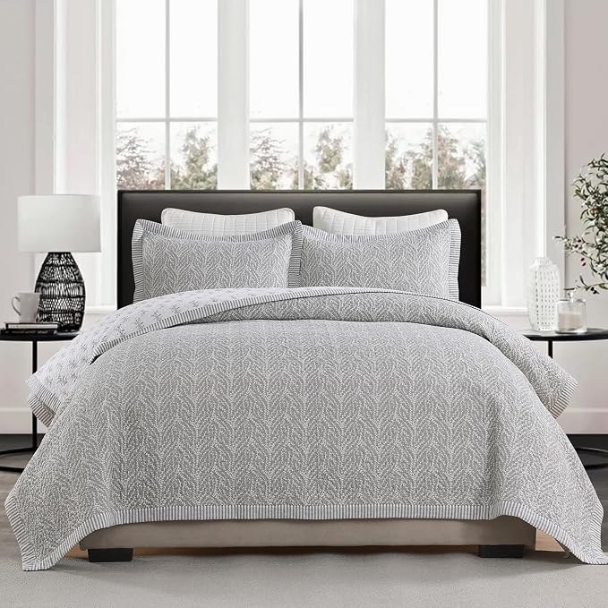 SahSahCasa Quilt Set King Size, 100% Cotton Quilt Bedding Set Bedspread, Botanical Pattern Solid Color Chic Lightweight Quilted Comforter for King Bed, White/Gray, All Season, 3 Pieces