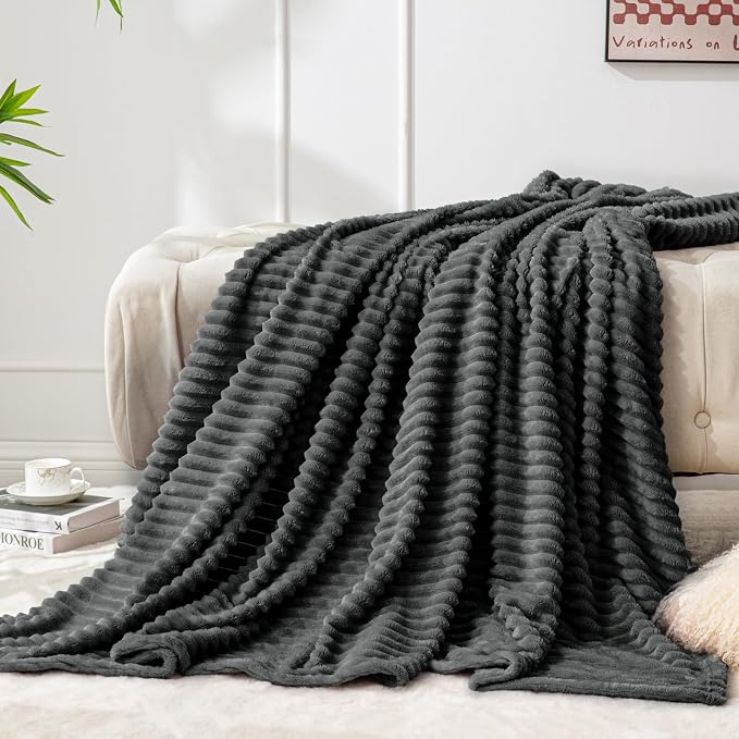 BEDELITE 3D Ribbed Charcoal Grey Fleece Throw Blanket for Couch, 50x60 Inch | Soft Warm Decorative Fluffy Blanket, Cozy Plush Lightweight Fuzzy Throw Blanket for Bed Sofa Home Room Decor, Gift for Women