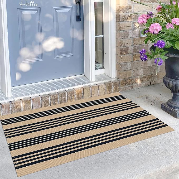 KILOCOCO Striped Rug 2.3'x3.6' Indoor Outdoor Rugs Front Door Mat, Brown | Cotton Washable Striped Front Porch Rug, Woven Layered Doormats, Welcome Mat for Entryway, Low Pile Kitchen Rugs