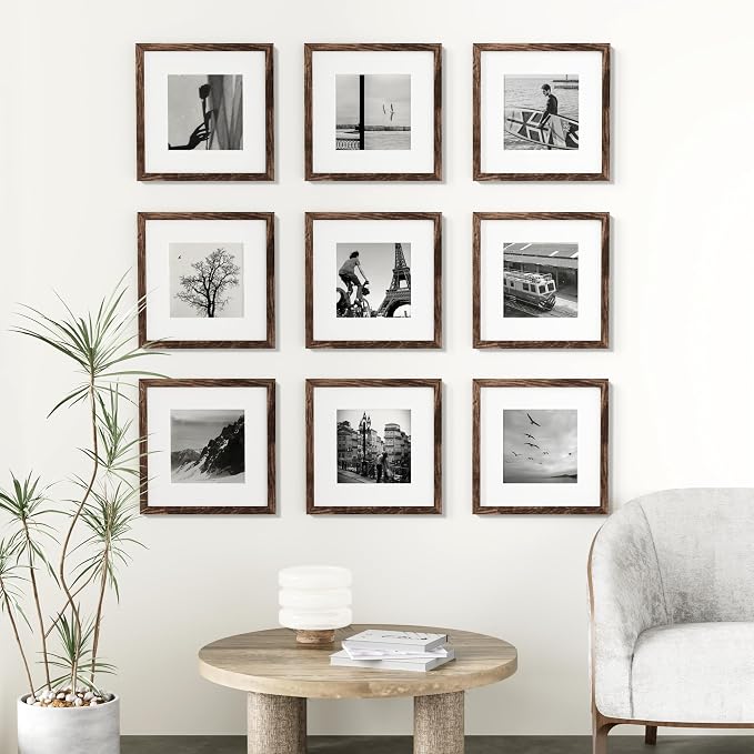 Vittanly 12x12 Picture Frames Set of 9, Shatter Resistant Plexiglass, Display 8x8 Pictures with Mat or 12x12 without Mat, Photo Frames for Wall Mount, Engineered Wood, Brown | Display Pictures 8x8 with Mat or 12x12 without Mat for Wall Mounting, Square...