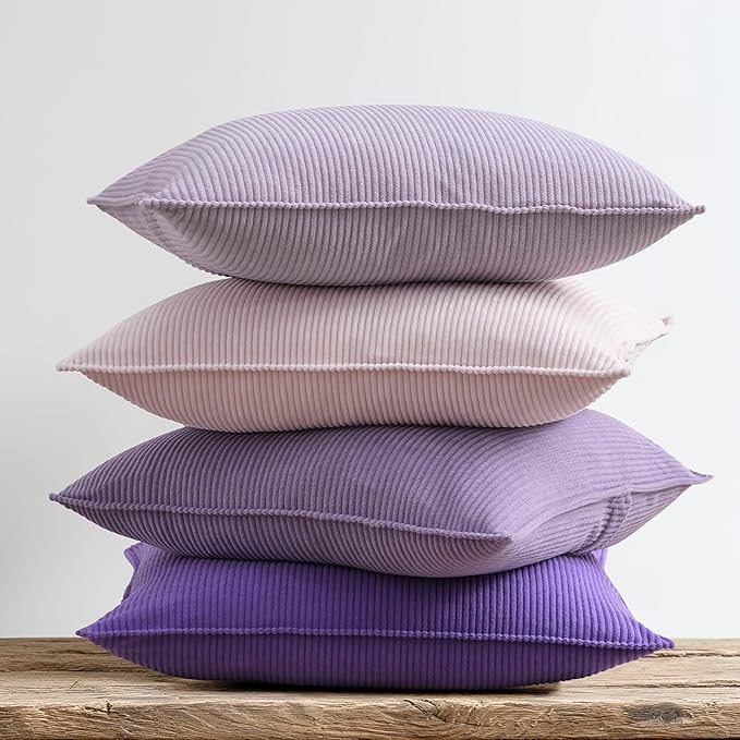 Pack of 4 Throw Pillow Covers Corduroy 16x16 Inch,Purple | Decorative Velvet Couch,Summer Cases Square,Farmhouse Boho Cushion Covers for Sofa Bed Living Room Home Decor & Office