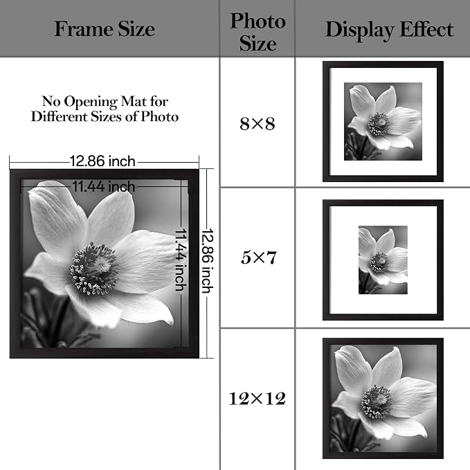 eletecpro Picture Frames Set of 9, 12x12 in, Acrylic Cover, Black | Display Multi Sizes with Mat or 12x12 without, Square Gallery Collage, Wall Mount, Minimalist Home