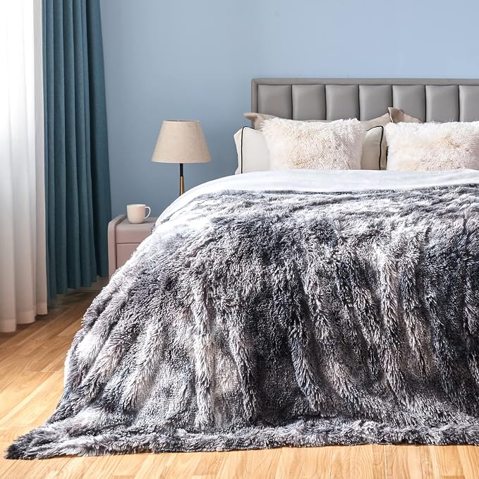 GONAAP Fuzzy Faux Fur Queen Blanket for Couch, Marble Black, 90"x90" | Warm Cozy Plush Shaggy Decorative Reversible Thick Non-Heated Fleece Blanket for Sofa Bed, Gift for Women Men, All Season Use