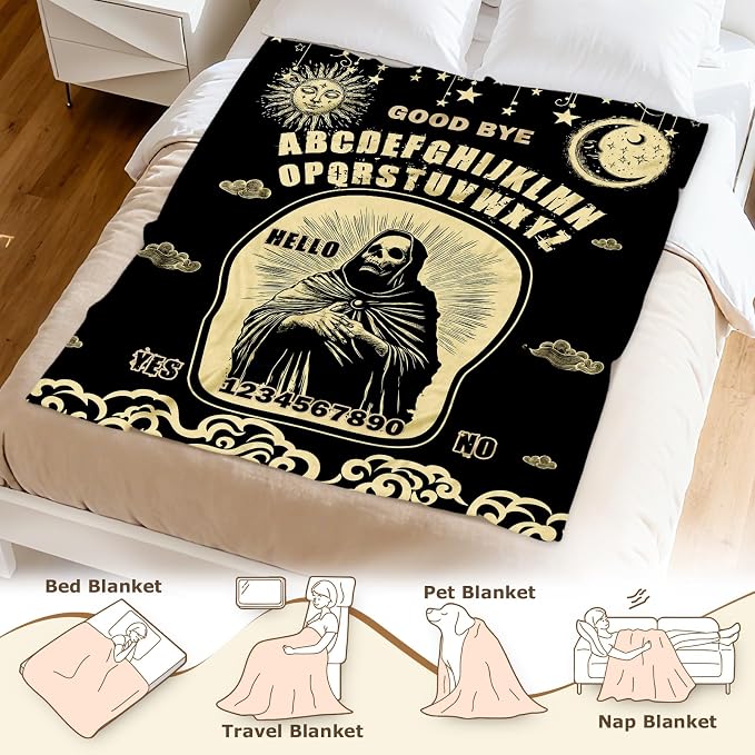 Aimego Skeleton Skull Tarot Blanket Gifts for Halloween Gothic Witch Throw Blanket for Kids Boys Girls Sun Moon Death Tarot Card Blankets Decor for Fortune Tellers(50X60 Inch)
