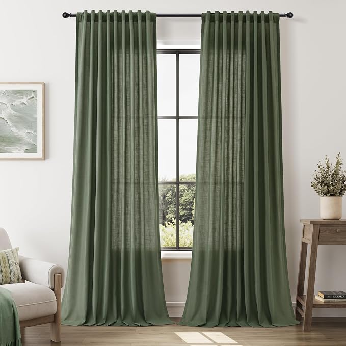 Linen Curtains 96 Inches Long for Living Room Back Tab Semi Sheer Floor to Ceiling 8ft Light Filtering Curtain Boho Farmhouse Decor Window Drapes for Bedroom 52x96 2 Panels Olive Green