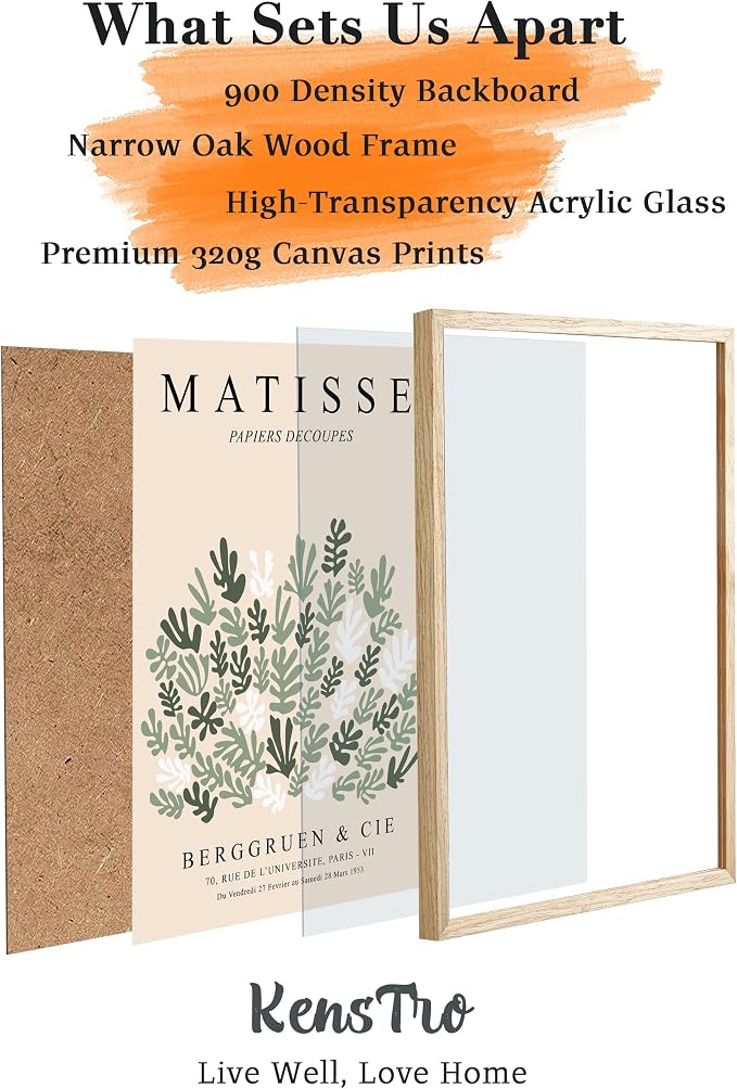 KensTro 12x16 Oak Picture Frames Set of 3 with Matisse Prints | Natural Solid Oak Wood Frames with 3 Matisse Prints, Clear Front, Ready for Posters, Photos, Wall Art and Paintings