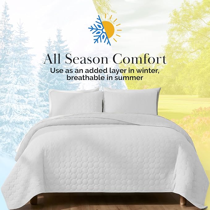 Southshore Fine Living, Inc. White Quilts Queen Size Set, Lightweight Summer Bedspread with 2 Quilted Pillow Shams, Cozy, Soft Circle-Stitch Design, Queen Size/Full Size, White