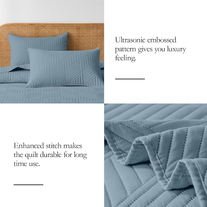 Davulos King/Cal King Quilt Set in Dusty Blue, Soft Reversible Microfiber Bedspread for All-Season Use in Bedroom or Dorm, Lightweight Modern Geometric Coverlet (1 Quilt, 2 Pillow Shams)