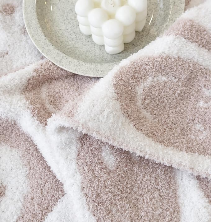 Ultra Soft Cozy Happy Smiling Face Checkered Knitted Throw Blanket Fluffy Microfiber Checkerboard Bed Blanket Lightweight Both Sides Blanket for Couch Sofa Bed (Smile Cream, Throw 50“x60”)