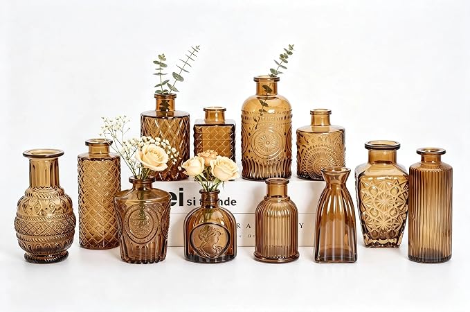 Mini Bud Vases Set of 12 As Wedding Centerpieces for Tables,Clear Bud Vases for Flowers,Small Flower Vases Suitable for Birthday Party,Anniversary,Wedding Reception,Baby Shower (Brown)
