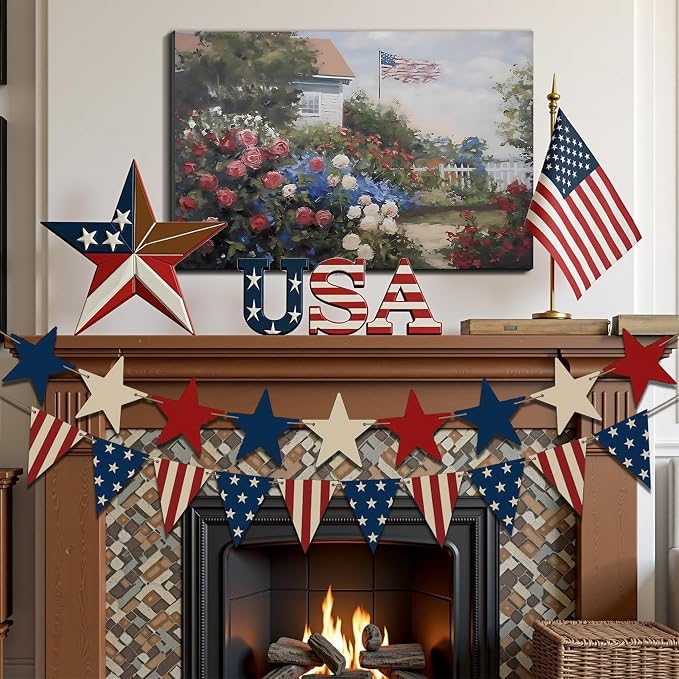 Framed American Flag Cottage Rose Garden Wall Art, Patriotic Floral Canvas Art Pictures, USA Flag Wall Decor for Living Room Bedroom Bathroom, Ready to Hang Made in USA