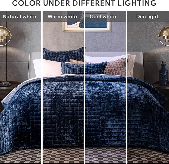 RECYCO Channel Box Stitch Velvet Quilt Set, King Size, Navy Blue | Ultra Soft Lightweight Velvet Comforter, Luxury Oversized Bedspread Coverlet, Quilted Bedding Set for All Season with 2 Shams