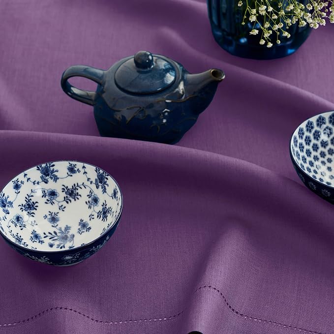 Solino Home 100% Linen Table Runner Purple, Classic Hemstitch 14 x 72 in | brings a tailored look to family meals and hosting, hemstitched border, mitered corners, machine washable, OEKO-TEX Certified