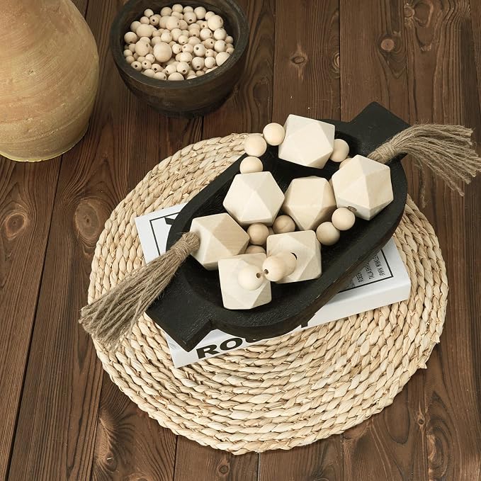 Extra Large Wood Bead Garland with 2" Diameter Wooden Beads, 42" Long Rustic Farmhouse Wooden Beads Garland with Tassels, Decorative Beads Boho Decorations for Home Table Mantle Natural Beige