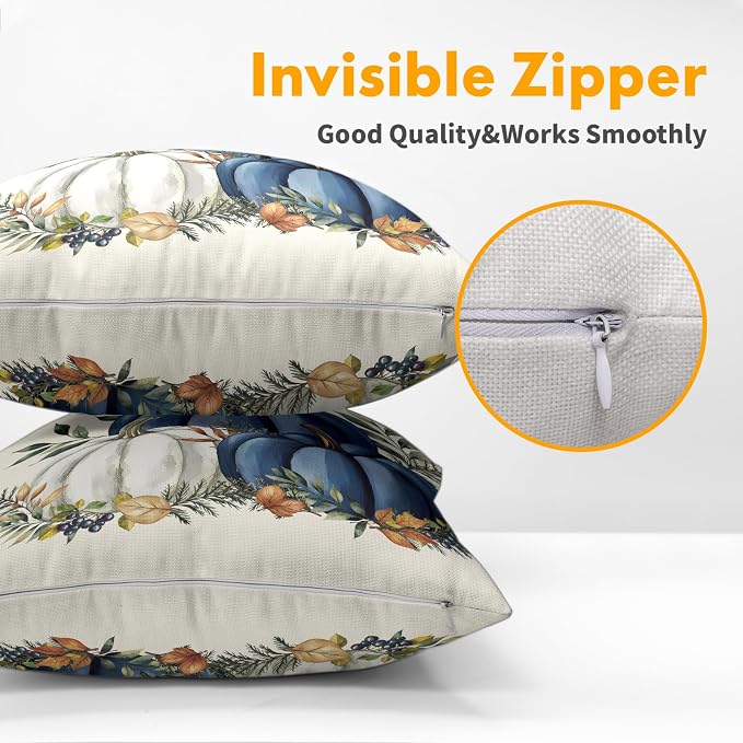 Pumpkins Throw Pillow Covers 22x22 inch 2 Packs Fall Blue and White Pumpkin Pillowcase Autumn Thanksgiving Vintage Outdoor Decorations Cotton Linen Cushion Cover for Home Bedroom Sofa Chair