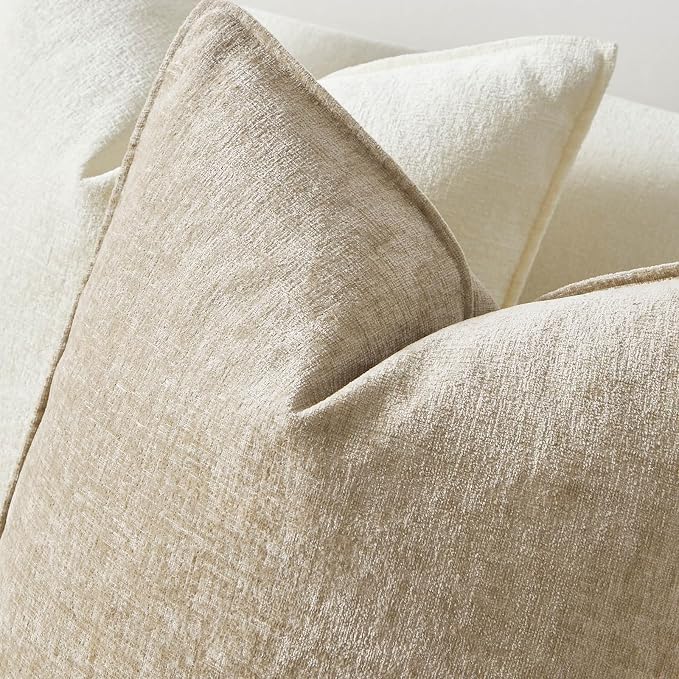 JUSPURBET 18x18 Chenille Decorative Throw Pillow Covers Set of 2,Beige | Cozy Soft Cushion Covers Case with Hidden Zipper for Couch Sofa Bed Home Decor Living Room