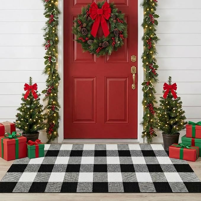SEEKSEE Buffalo Plaid Outdoor Rug 24x52 Black and White Front Door Mat, Layering Rug for Porch, Washable Doormat, Cotton Area Rug for Outdoor Entrance Entryway Patio Porch Decor