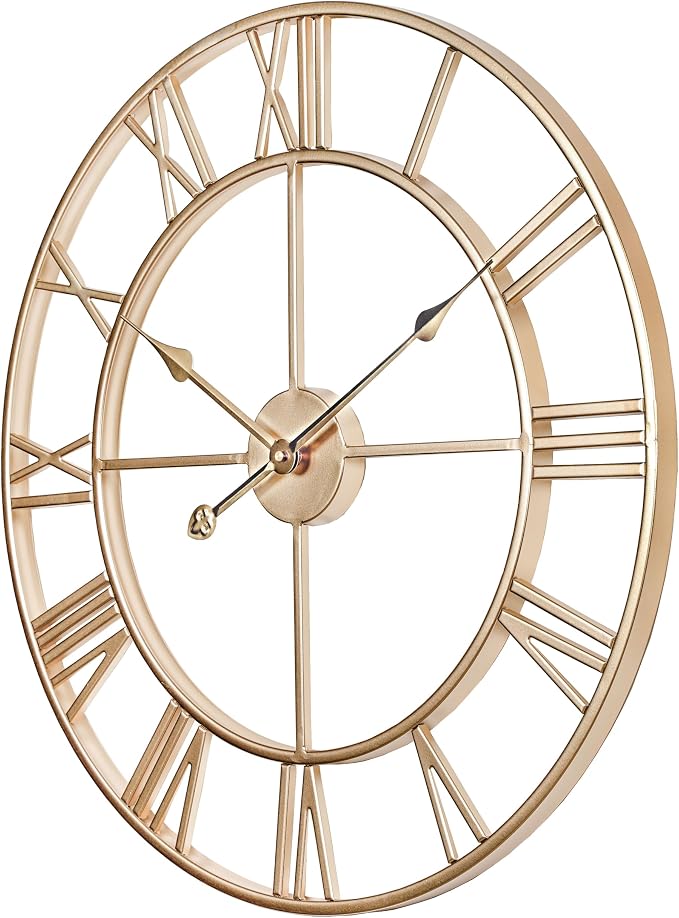 CLXEAST Silent 24 Inch Wall Clock for Living Room Decor,Gold Roman Numeral | Non Ticking,Thicker Champagne Gold Metal Wall Clock for Dinning Room,Entryway,Home Office & Fireplace Decor