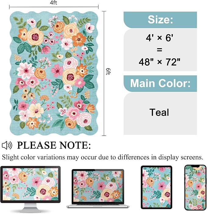 DUKINO 4x6 Area Rug, Non Slip Floral Washable Rug for Living Room, Teal | Low Pile, Stain Resistant, Soft Throw Rugs for Bedroom, Office, Dining Room, Nursery, Pet Friendly, Home Decor, Lightweight