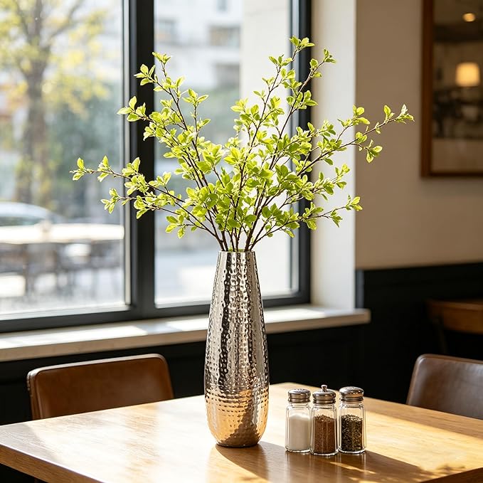 Hosley Hammered Metal Vase, 16.5” Tall Silver Teardrop Flower Vase for Centerpieces, Table Décor, Home & Wedding