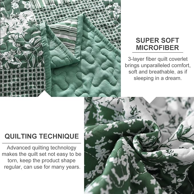 Mybedsoul Boho Quilt King Size, Patchwork Floral Bedding Set, Green | Soft Lightweight Microfiber Coverlet Set, 3 Pieces Plaid Reversible Bedspread, Bed Sets for All Seasons 90"x110"