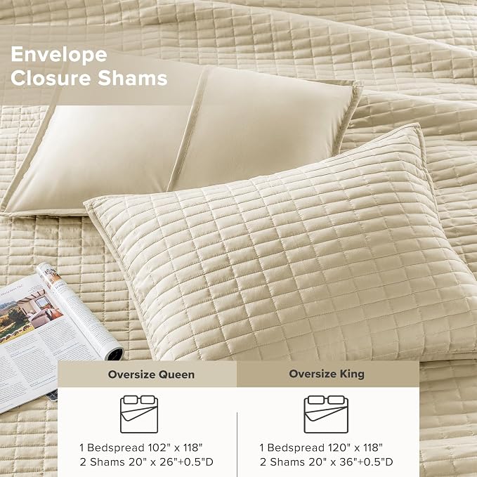 Comfort Spaces Oversized Bedspread King Quilt Set 3 Piece 120 x 118 Ivory | Coverlet for Summer Soft Cozy Lightweight All Season Quilted Extra Layer with Matching Sham, Bedroom Decor OEKO-TEX Certified