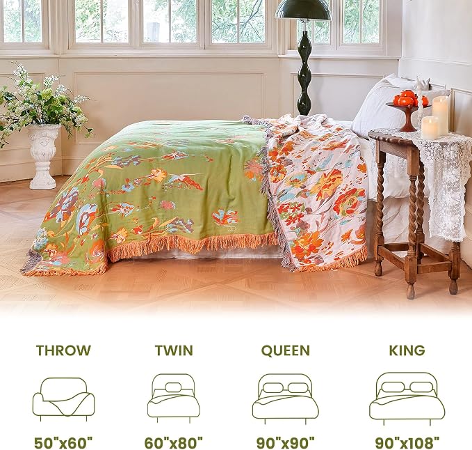 MSGKV Boho Throw Blanket 90"x90" Summer Cotton Butterfly Floral Blanket | 100% Cotton Muslin, Butterfly Throw Blanket, Reversible Weave, Soft & Breathable, Rose Floral Design, Machine Washable