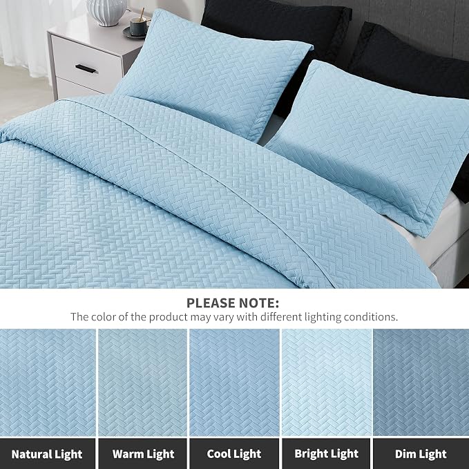 Maple&Stone Blue Quilt Set Queen Size, Lightweight Bedspread | Breathable Coverlet with Chevron Pattern, All-Season Dorm Bed Cover Set Bedding Decor 3 Piece