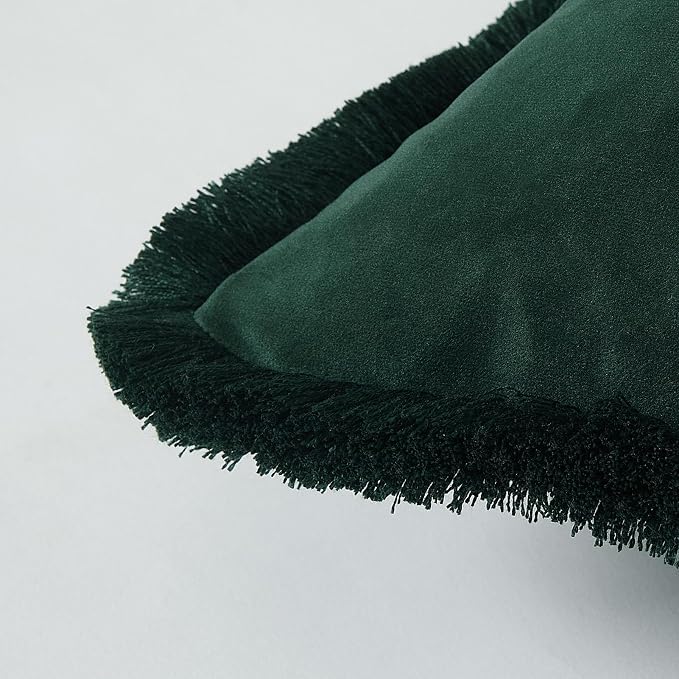 JUSPURBET Military Green Decorative Velvet Fringe Throw Pillow Covers 16x16 Set of 2 Boho Soft Cushion Case for Home Decor Living Room Couch Sofa Bed