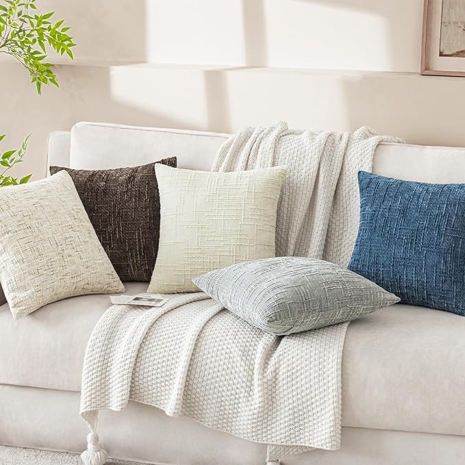 Softalker Textured Chenille Throw Pillow Covers Set of 2, 20x20 Cream Decorative Cushion Covers, Soft Cozy Slubby Texture for Modern Farmhouse Sofa Couch Bed