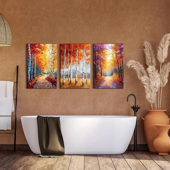 Mystery Forest Wall Art for Bathroom Decor Fall Forest Pictures Wall Decor Orange Yellow Woodland Painting Nature Wilderness Canvas Pictures Artwork for Bedroom Living Room Home Decoration 16x24" 3Pcs