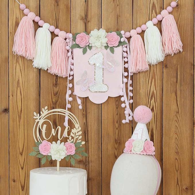 JUIIZAY Pink Flower First Birthday Party Decorations for Girl Butterfly Highchair Banner Hat One Floarl Cake Topper 1st Party Decor