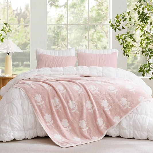 Snuggle Sac Twin Size Bedding Blanket, Pink Flower Throw Blanket for Couch, Microfiber Fluffy Warm Cozy Fuzzy Soft Reversible Blankets, Pink, 60x80 inches