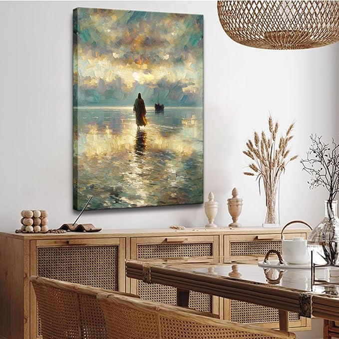 Framed Jesus Pictures for Wall God Canvas Wall Art Jesus Walking on Water Paintings print for Living Room Christian Art Decor Religious Posters Ready to Hang 16x24Inches