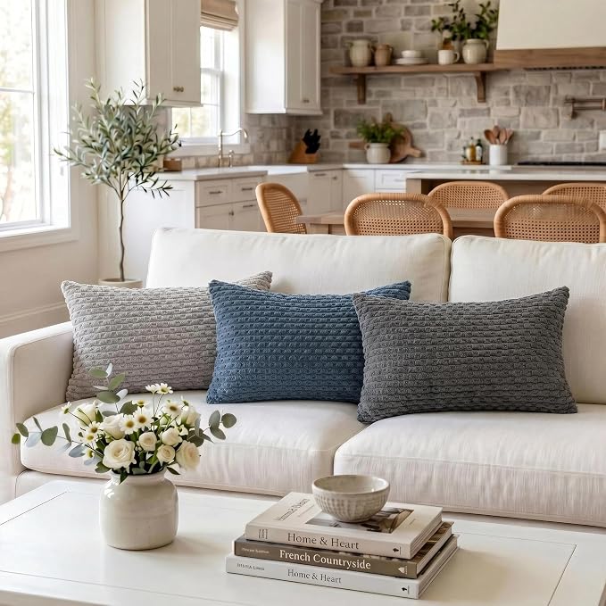 Fancy Homi Set of 2 Dark Gray Lumbar Decorative Throw Pillow Covers 12x20 Inch for Couch Living Room Bed Sofa, Modern Farmhouse Boho Home Decor, Soft Plush Grey Corduroy Rectangle Cushion Case